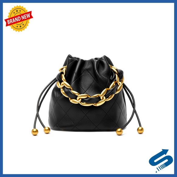 Small Lambskin Leather Bucket Bag with Drawstring and Adjustable Chain Strap